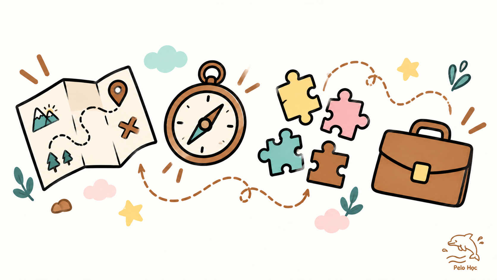Minh hoạ doodle vẽ tay: bản đồ vẽ tay có đường chấm, la bàn, vài mảnh ghép puzzle tượng trưng kỹ năng, cặp táp