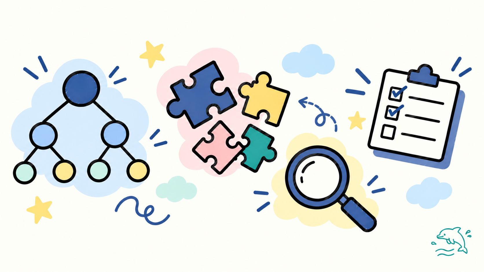 Minh hoạ doodle vẽ tay: sơ đồ cây phân nhánh từ một gốc, vài mảnh ghép puzzle, kính lúp, danh sách ngắn