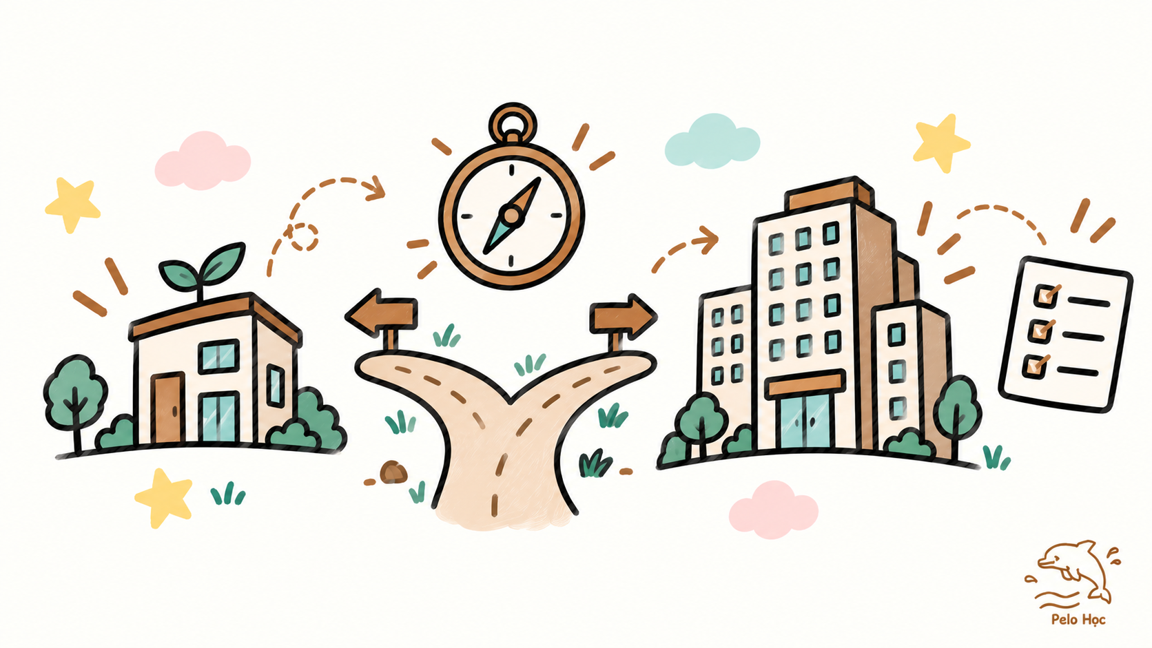 Minh hoạ doodle vẽ tay: hai toà nhà kích thước khác nhau (startup nhỏ và tập đoàn lớn), ngã ba đường/hai lối đi, la bàn, danh sách ngắn
