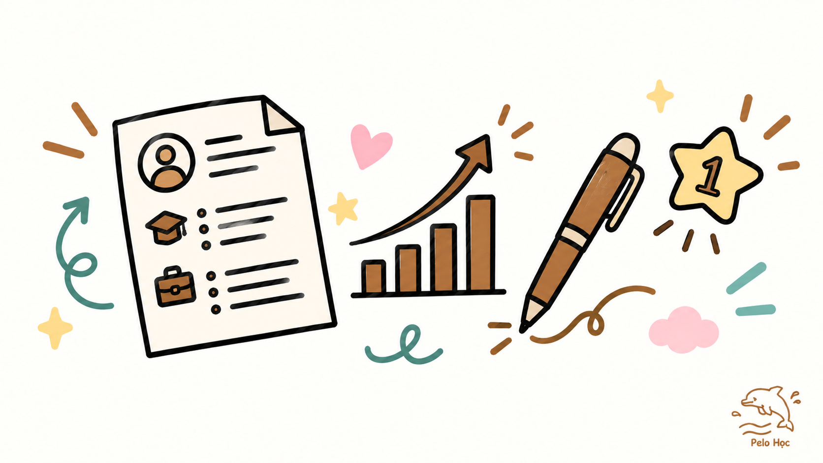 Minh hoạ doodle vẽ tay: trang tài liệu CV, biểu đồ cột/mũi tên đi lên bên cạnh (thể hiện tác động đo được), cây bút, huy hiệu số/ngôi sao