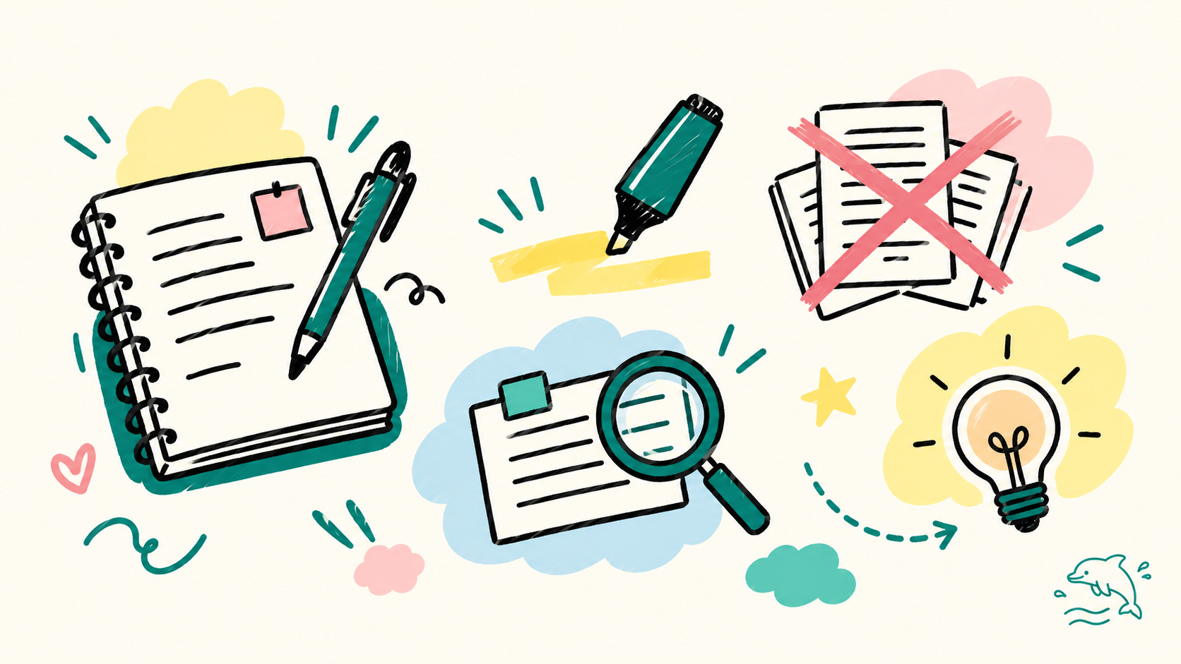 Minh hoạ doodle vẽ tay: sổ tay và bút, bút highlight, xấp giấy photocopy bị gạch chéo, thẻ ghi chú dưới kính lúp, bóng đèn ý tưởng