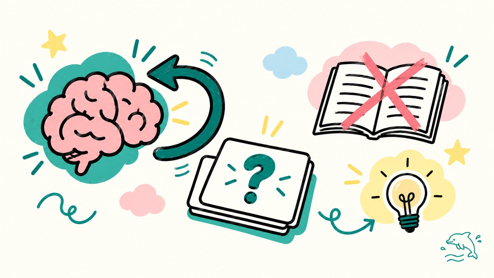 Minh hoạ doodle vẽ tay: não bộ với mũi tên gợi nhớ vòng lại, thẻ flashcard có dấu hỏi, sách mở bị gạch chéo, bóng đèn ý tưởng