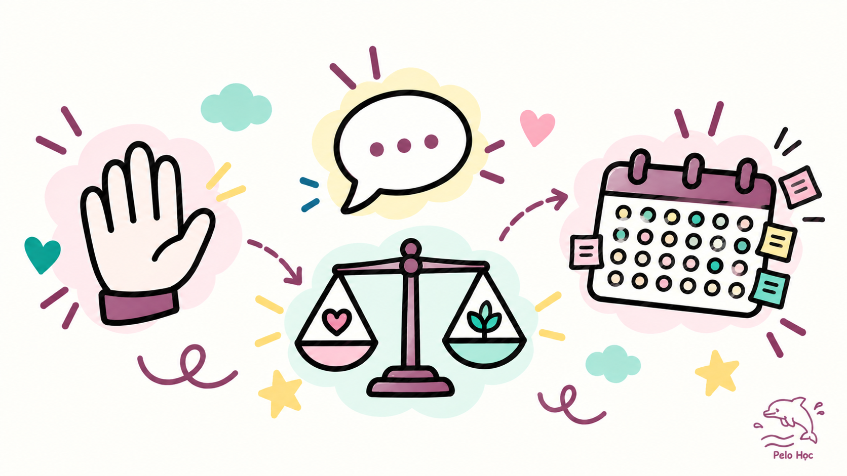 Minh hoạ doodle vẽ tay: bàn tay xoè nhẹ nhàng ra hiệu dừng, bong bóng thoại, cân thăng bằng, lịch quá tải nhiều chấm việc nhỏ