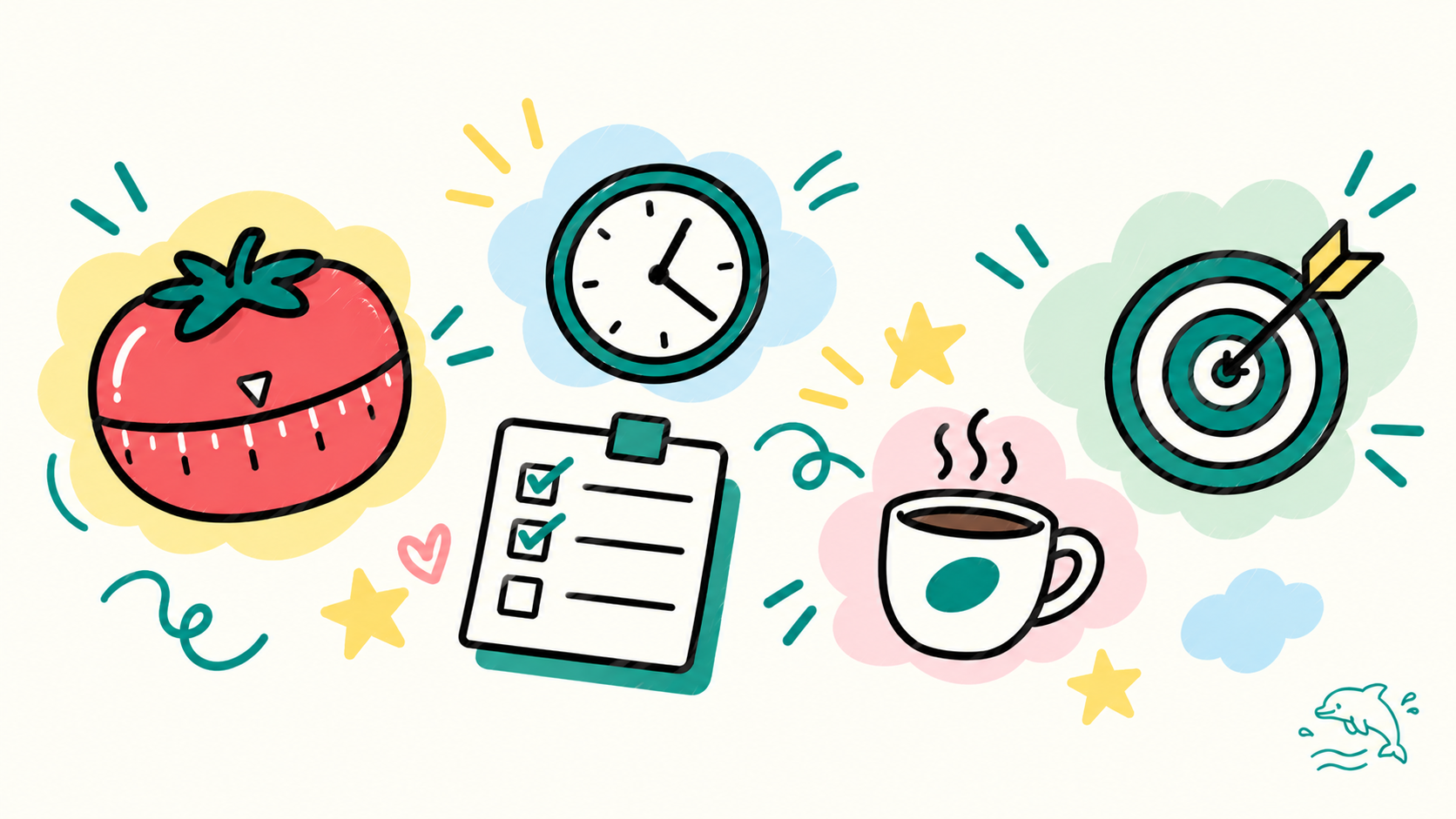 Minh hoạ doodle vẽ tay: đồng hồ hẹn giờ hình quả cà chua, đồng hồ nhỏ, danh sách việc ngắn, ly cà phê, biểu tượng mục tiêu