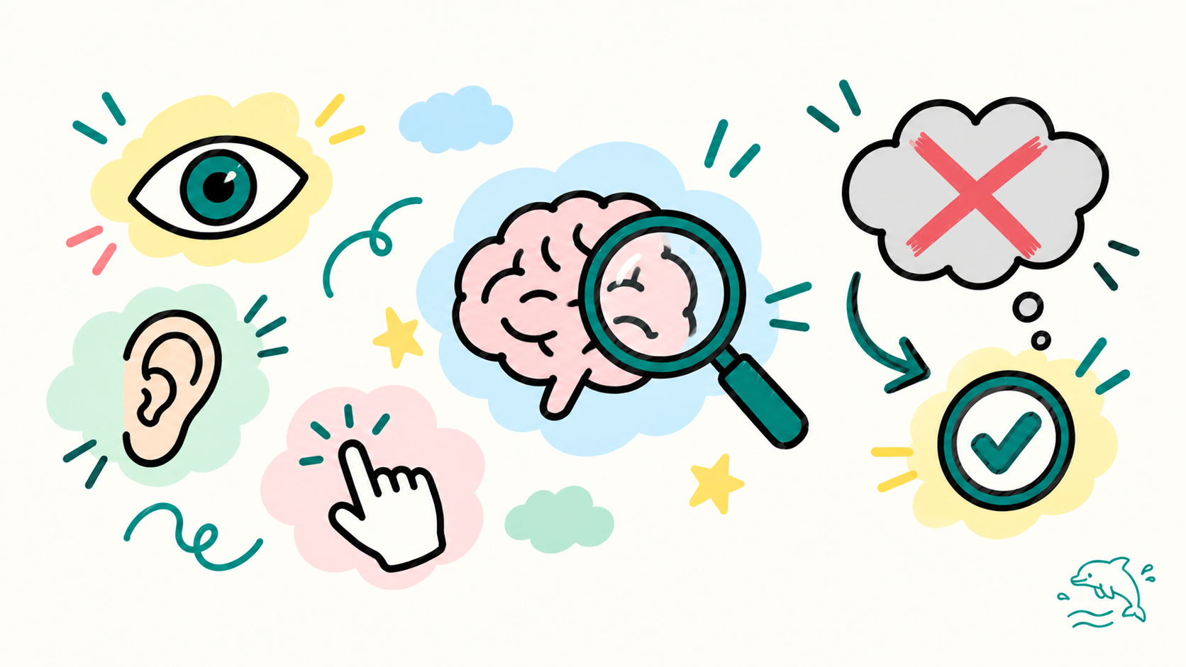 Minh hoạ doodle vẽ tay: biểu tượng mắt, tai, bàn tay chạm, kính lúp soi não bộ, dấu tick cạnh đám mây 'lầm tưởng' bị gạch chéo