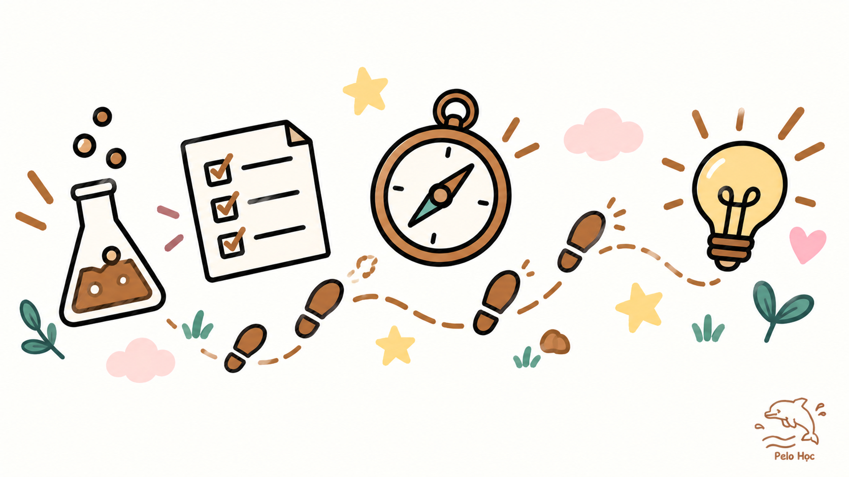 Minh hoạ doodle vẽ tay: bình thí nghiệm/ống nghiệm, danh sách ngắn, la bàn, vài dấu chân bước nhỏ, bóng đèn