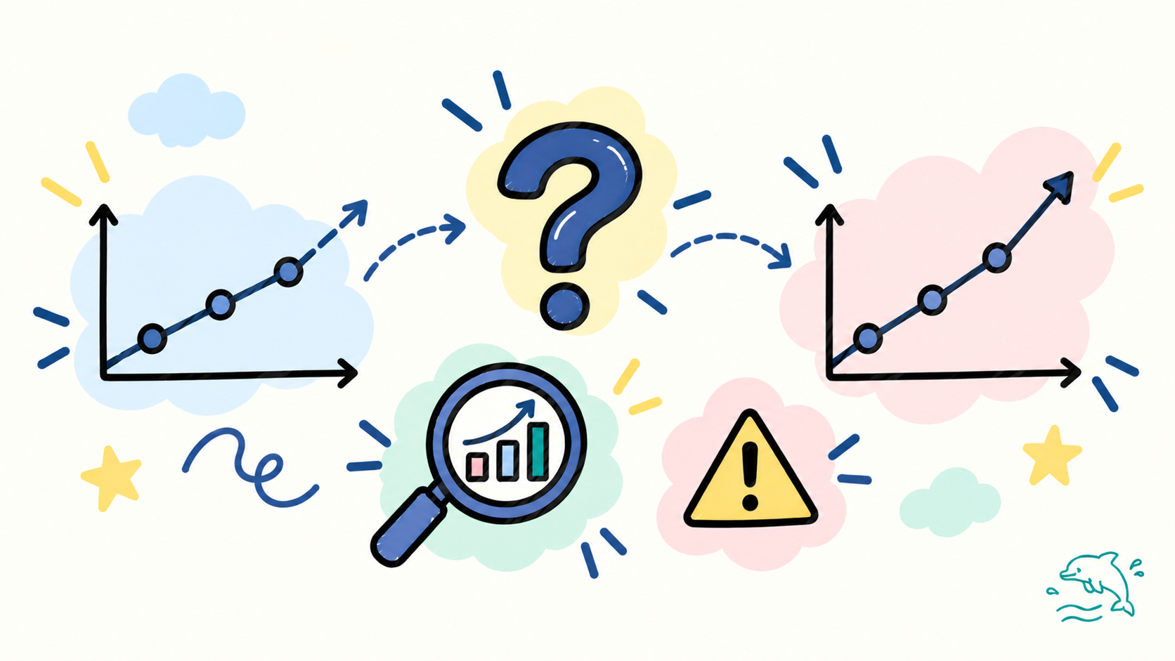 Minh hoạ doodle vẽ tay: hai đường biểu đồ đi lên cạnh nhau, dấu chấm hỏi lớn ở giữa, kính lúp soi biểu đồ, biểu tượng cảnh báo